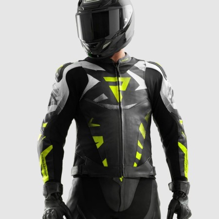 KURTKA MOTOCYKLOWA SKÓRZANA REBELHORN INFERNO BLACK WHITE FLUO YELLOW 46
