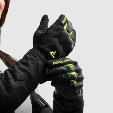 RĘKAWICE MOTOCYKLOWE DAMSKIE REBELHORN CORE BLACK GREY FLUO YELLOW WXS